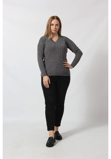 Y6328 Fındık Örgü Detaylı Triko Kazak Gri