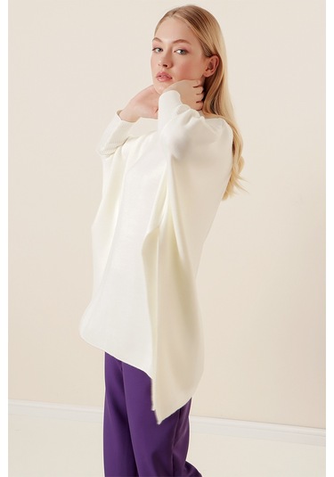 Bigdart 15783 Yırtmaçlı Panço Kazak - Beyaz 001