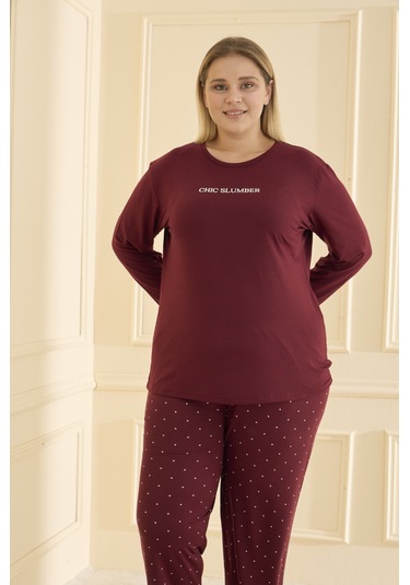 Mihra Kadın Pijama Takımı Büyük Beden & Battal Uzun Kol Bordo