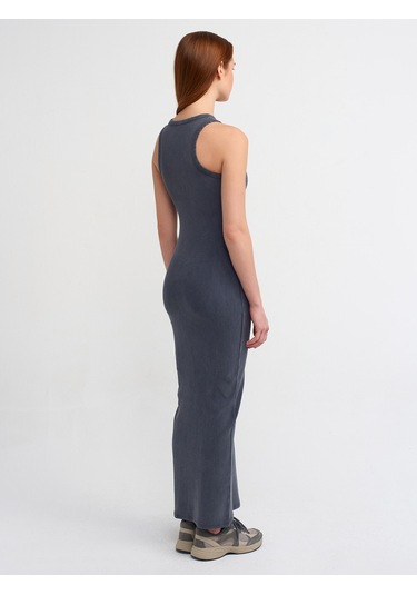 Dilvin Yıkama Efektli Midi Elbise Antrasit