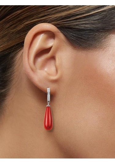Şık Ve Zarif 925 Ayar Uzun Drop Mercan Taşlı Gümüş Küpe