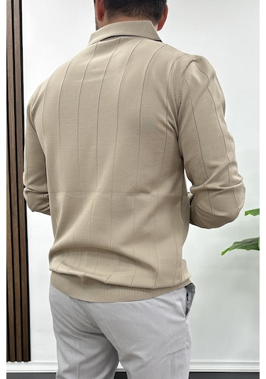 Erkek Yarım Fermuarlı Polo Yaka Mevsimlik Kazak Kahverengi Edw195 Kahverengi