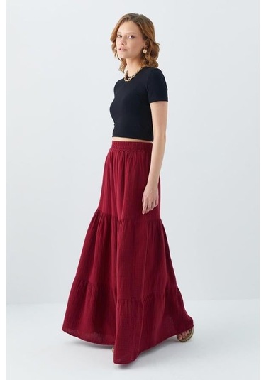 4567 Kadın Fırfırlı Uzun Müslin Etek Bordo Bordo