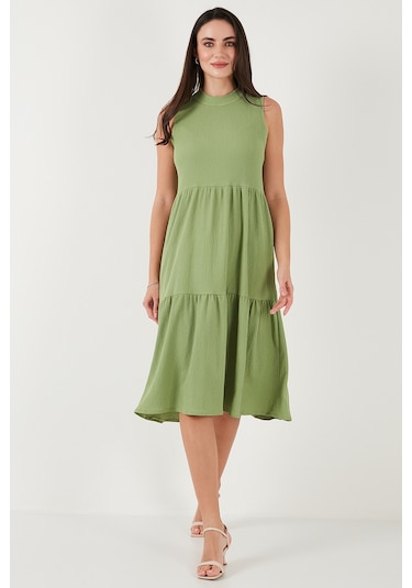 Lela Regular Fit Kolsuz Midi Bayan Elbise 5869008 Yağ Yeşili
