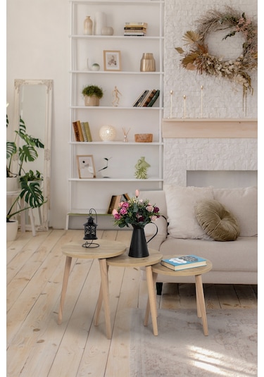 Zigon Sehpa / Üçlü Sehpa / Servis Sehpası /dekoratif Sehpa / Floara Ring Meşe