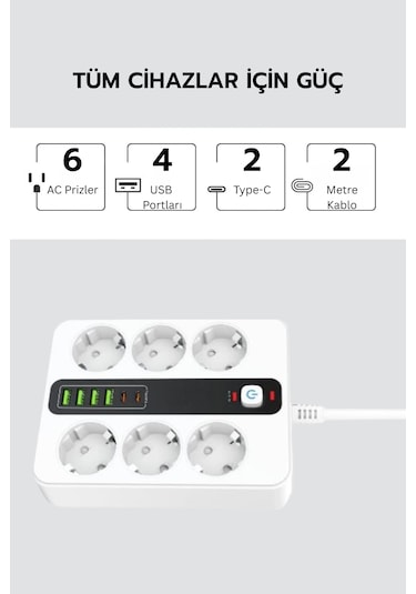 Pro P11 6x Priz 3000w Termal Akım Korumalı 4x Usb 2x Type-c Girişli Çoklu Priz 0.2 M