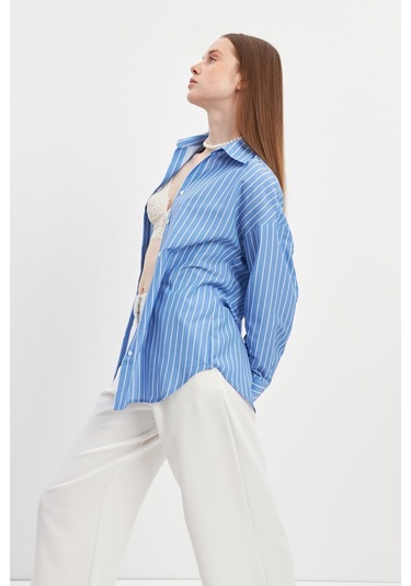 Stella Pulvis Mavi Oversize Çizgili Gömlek Mavi