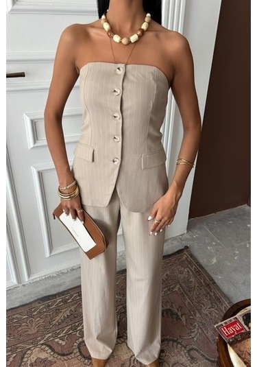 Straplez Büstiyerli Plazzo Pantolonlu Çizgili Takım 10151 Bej