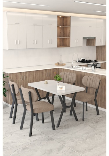 Gnr 70x110cm Sabit Beyaz Mutfak Masası Takımı, Yemek Masası, 4 Modern Cappucino Sandalye Cappuccino