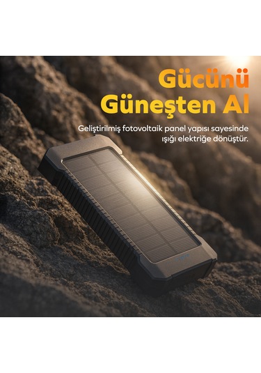 Woyax Güneş Enerjili Solar Powerbank 10000mah Led Işıklı Taşınabilir Batarya Şarj Cihazı Siyah Siyah