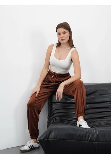 Paça Lastikli Kadife Eşofman Kahve Md34 Kahve