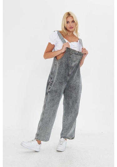 Antrasit Ayarlanabilir Askılı Cepli Oversize Kesim Denim Salopet Antrasit