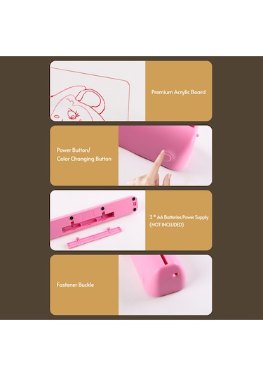 Samdoo Gri Led Işıklı 3d Çizim Tahtası - 11 Renk Efekti, 6 Fosforlu Kalem, 5 Şablon, Silgi - Eğitici Oyuncağı Gri