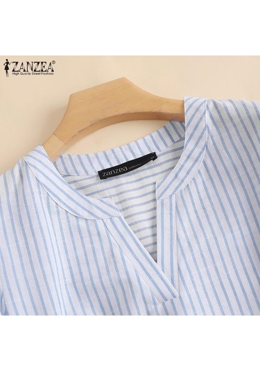 Zanzea Yaz Günlük V Yaka 3/4 Kollu Kadın Çizgili Bluz Siyah