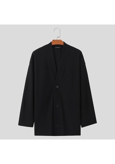 Novahub Incerun Sonbahar Erkek V Yaka Uzun Kollu Örme Bol Montlar Doku Düğmeler Kaburga Hırka Siyah - S Siyah