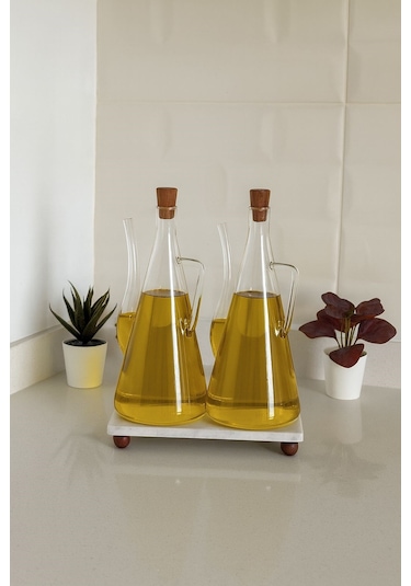 Qerhome Mermer Stantlı Borosilikat Cam Glazzy 2'li Yağlık & Sosluk 750 Ml Şeffaf