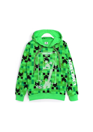 360 Derece Minecraft Baskılı Kışlık Çocuk Kapüşonlu Sweatshirt Yeşil