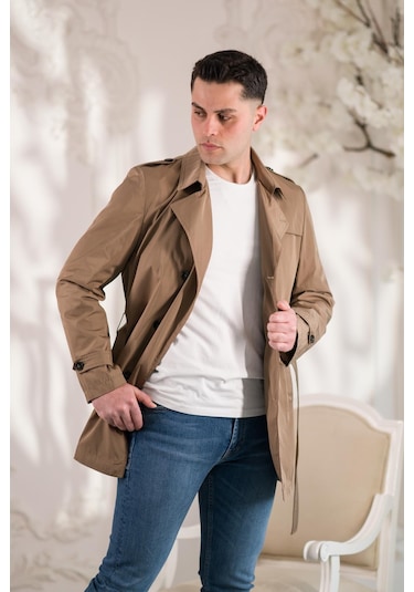 Slim Fit Astarlı Baharlık Kemerli Erkek Trençkot 001