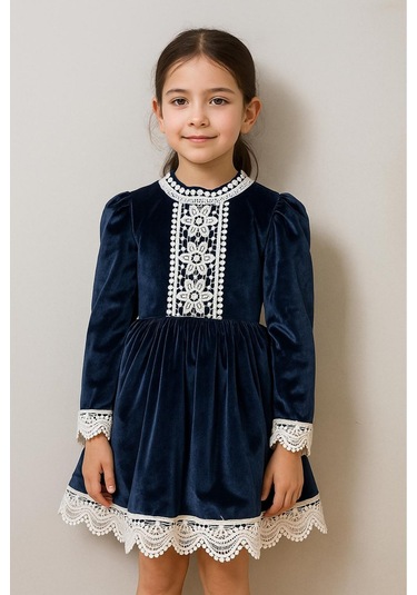 Kız Çocuk Dantel Detay Mavi Kadife Elbise MAvi
