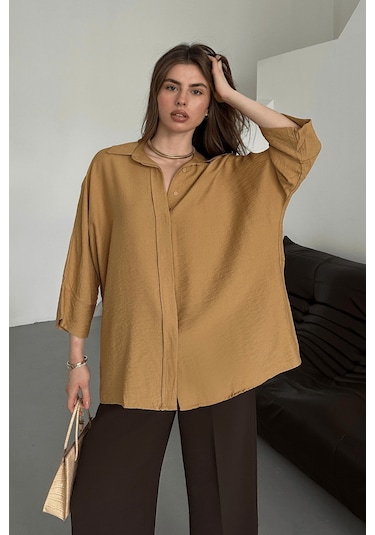 Paw Garage Kadın Evelyn Vizon Oversize Gömlek, Keten Ayrobin Ön Patlı Gömlek Vizon