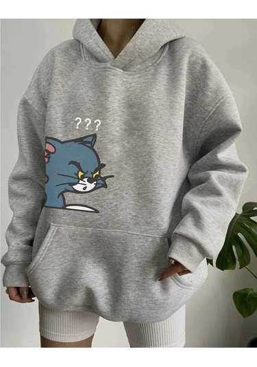 Sweatshirt Tom Ve Jerry Baskılı Kapşonlu Gri2
