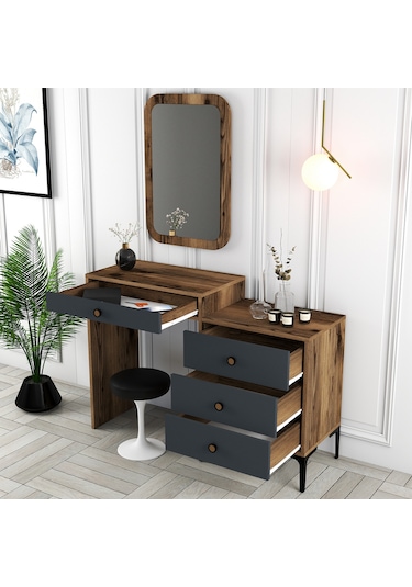 Lizbon Makyaj Masası Aynalı - Ceviz / Antrasit