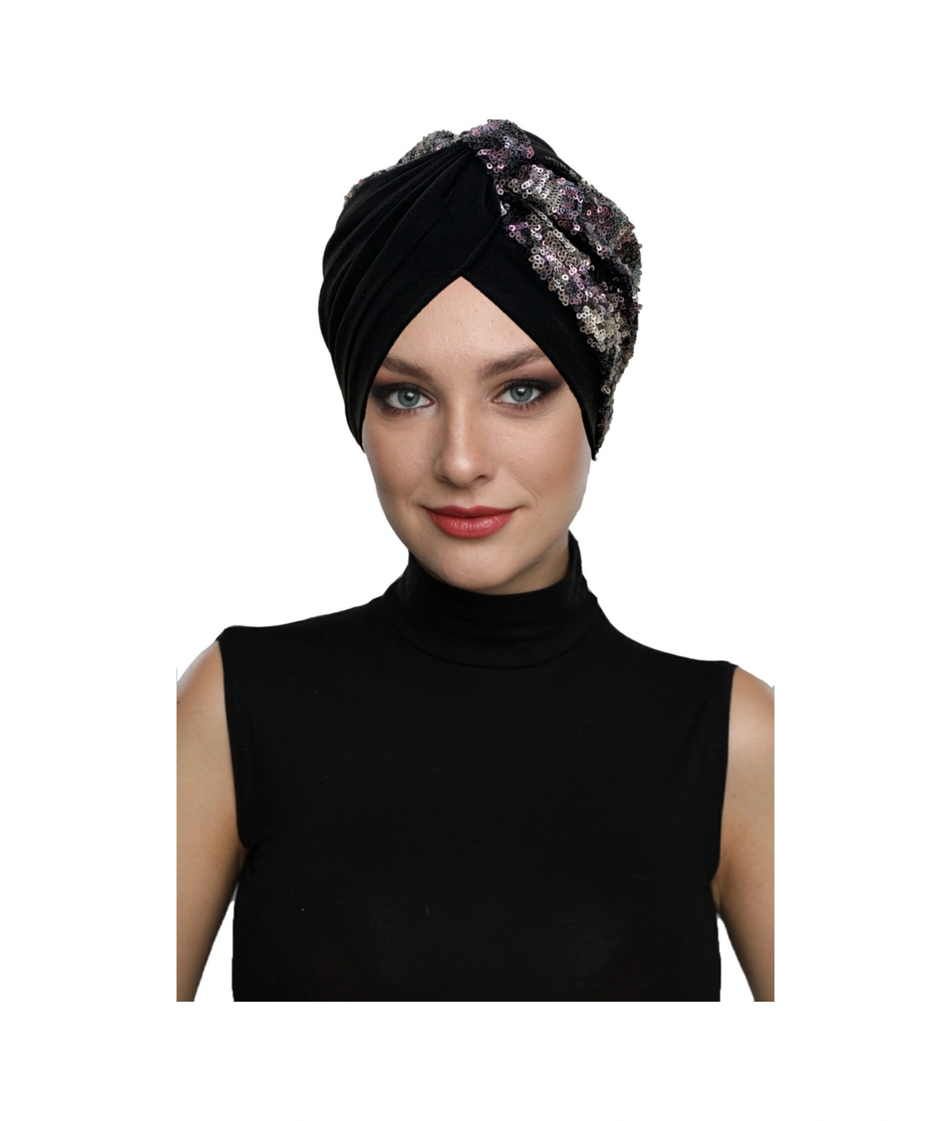 Özel Tasarım Siyah Üzeri Gümüş-mor Payetli Etnik Desenli Astarlı Hazır Türban Tesettür Abiye Bone Siyah12