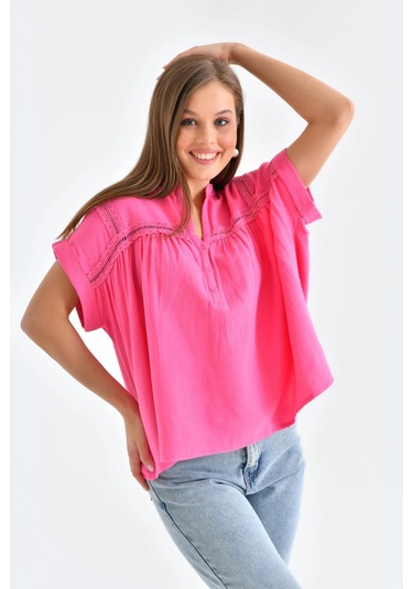 Dantel Detay Kısa Dokuma Bluz FUŞYA