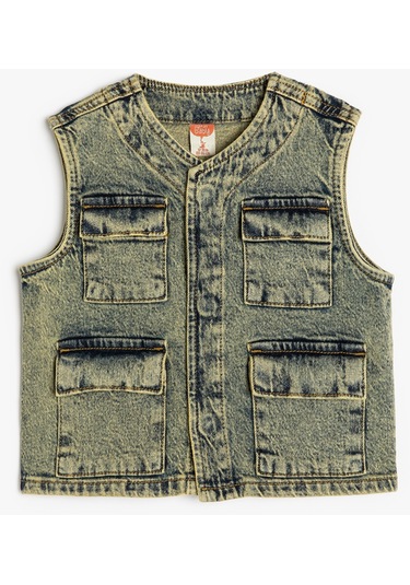 Koton Biker Kot Yelek Kolsuz Kapaklı Cepli Orta İndigo 4smb60005td