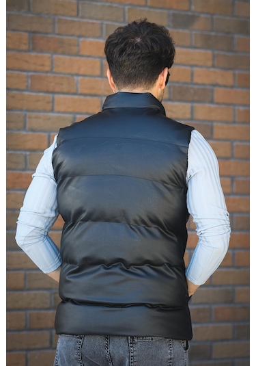 Oxfo Suya Dayanıklı Cepli Dik Yaka Erkek Şişme Deri Yelek Siyah