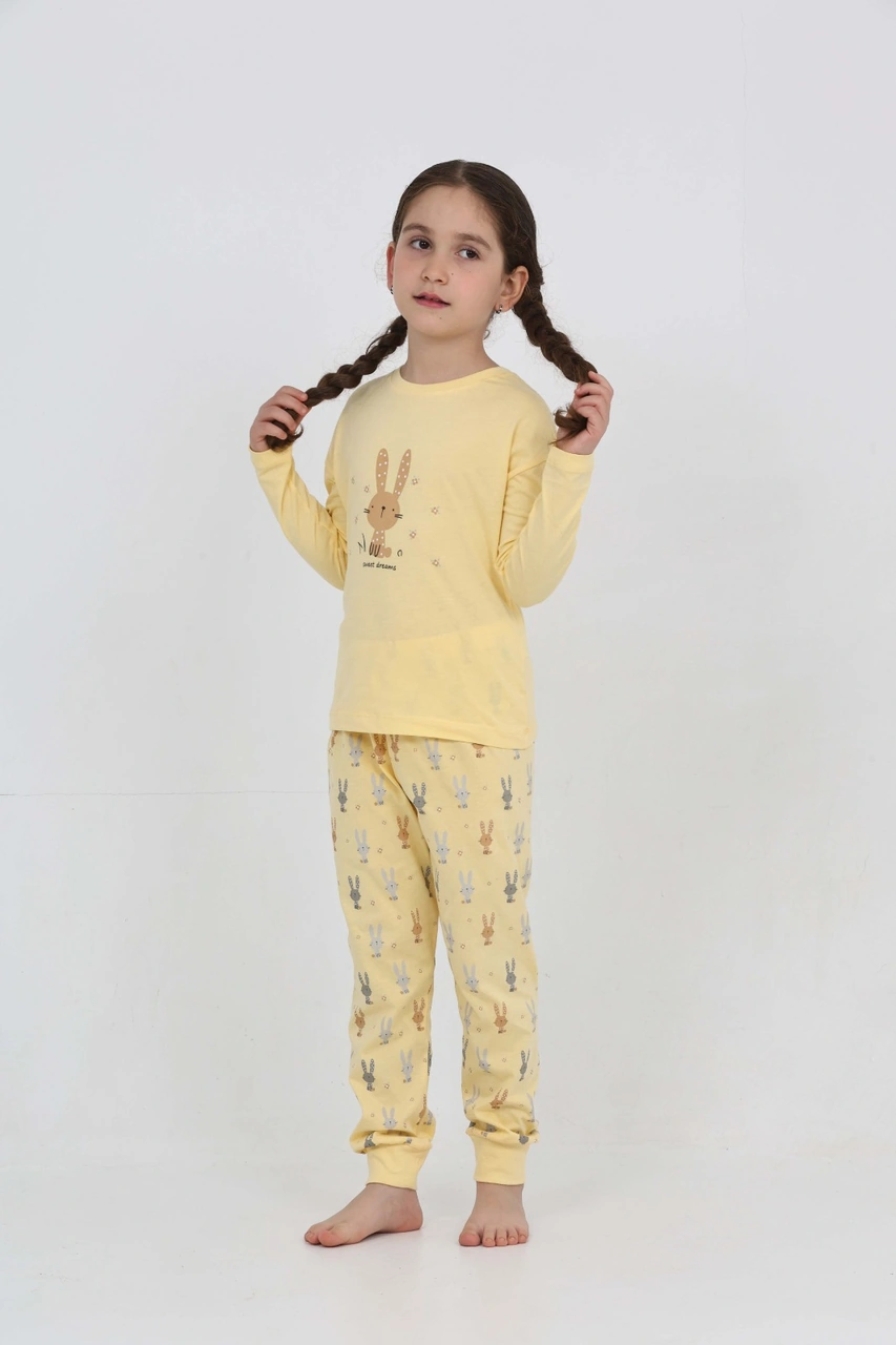 Toontoy Kız Çocuk Tavşan Baskılı Pijama Takım Sarı