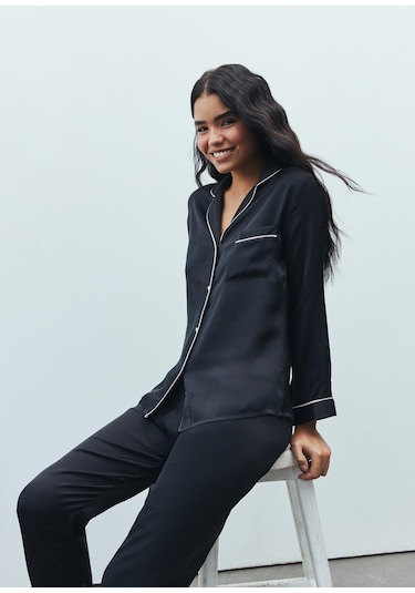 Amour Siyah Uzun Saten Pijama Takımı Siyah
