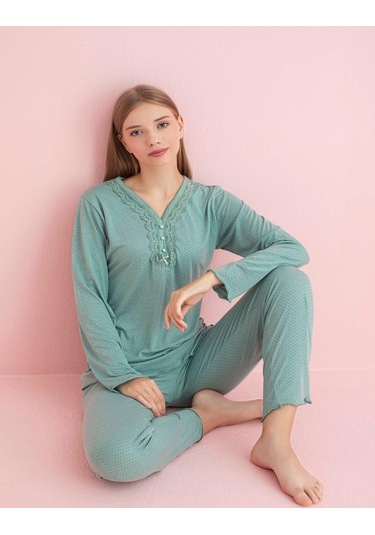 Pijamerry Kadın Dantel Yaka Bambu Uzun Kol Pijama Takımı 5208 - 1 Adet Yeşil