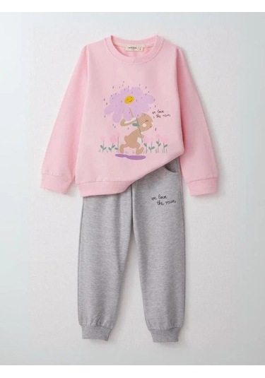 Kız Çocuk Çiçek Desenli Pamuklu Eşofman Takım-14584 Pembe