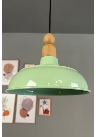 Doria Mint Tekli Kalın Ahşap Boncuk Başlık Avize Retro Sarkıt Ofis Showroom Salon Mutfak Avizeleri Mint Yeşili