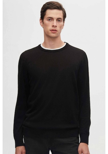 Regular Fit Siyah Tüylenme Yapmayan Bisiklet Yaka Triko Kazak Siyah