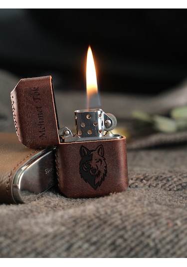 Vagave Kahve Renk Hakiki Deri Kılıflı Zippo Benzinli Çakmak