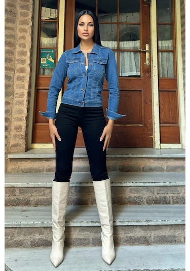 Mavi Dar Kesim, Cepli, Düğmeli, Denim Kot Ceket Mavi