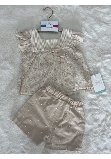 Flowers Fiyonklu Şortlu İkili Takım Bej