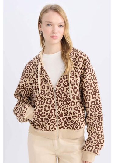 Defacto Coool Loose Fit Leopar Desenli Kapüşonlu Fermuarlı Sweatshirt E0780AX24WNBG389 Bej
