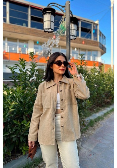 Kadın Camel Uzun Kol, Çift Cepli, Eteği Oval Kesim, Kaşe Gömlek Ceket CAMEL