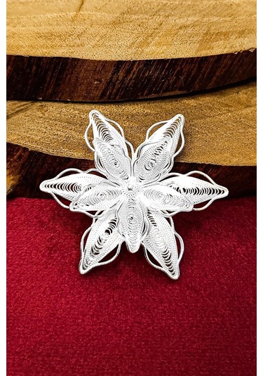 Kadın Gümüş Broş Telkari El İşi Yıldız Yaka İğnesi 925 Ayar Brs-171 Gümüş