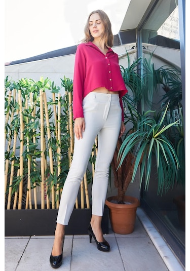 Kadın Likrasız Şık Kumaş Yakalı Uzun Kol Kısa Gömlek-vişne Vişne