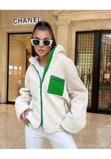 Kadın Uzun Kollu Renkli Cep Ve Fermuar Detay Peluş Mont Ekru
