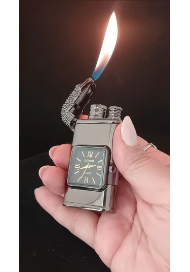 Füme Metal Timsah Başlıklı Saatli Jet Alevli Çakmak Çok Renkli