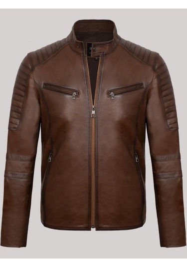 Hakiki Kuzu Derisi Kahverengi Erkek Deri Mont Bel Işlemeli Deri Ceket Kahverengi