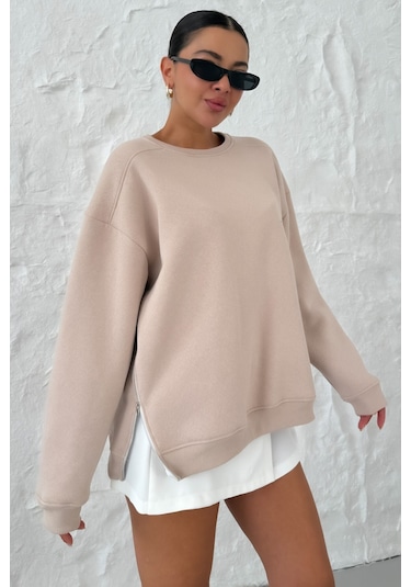 Modagen Kadın Bej Bisiklet Yaka Yanı Yarım Fermuar Detaylı Sweatshirt Bej