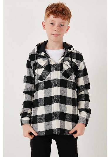 Lela Kapüşonlu Çift Cepli Ekoseli Oduncu Erkek Çocuk Gömlek Cf25W81787 Siyah
