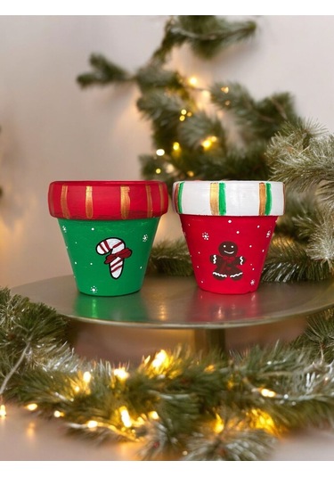 El Çizimi Yılbaşı Saksı Seti Kurabiye Ve Noel Şekerli Çok Renkli