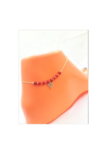 GOLD KAPLAMA KIRMIZI BONCUK ÜÇGEN FİGÜR HALHAL Çok Renkli